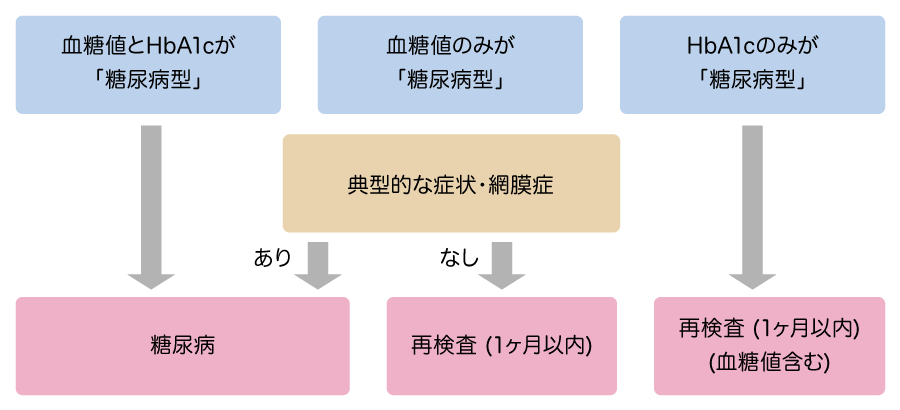 血糖値とHbA1cが「糖尿病型」→糖尿病。血糖値のみが「糖尿病型」→典型的な症状・網膜症がある場合は糖尿病。無い場合は再検査（1か月以内）。HbA1cのみが「糖尿病型」→再検査（1か月以内）（血糖値含む）